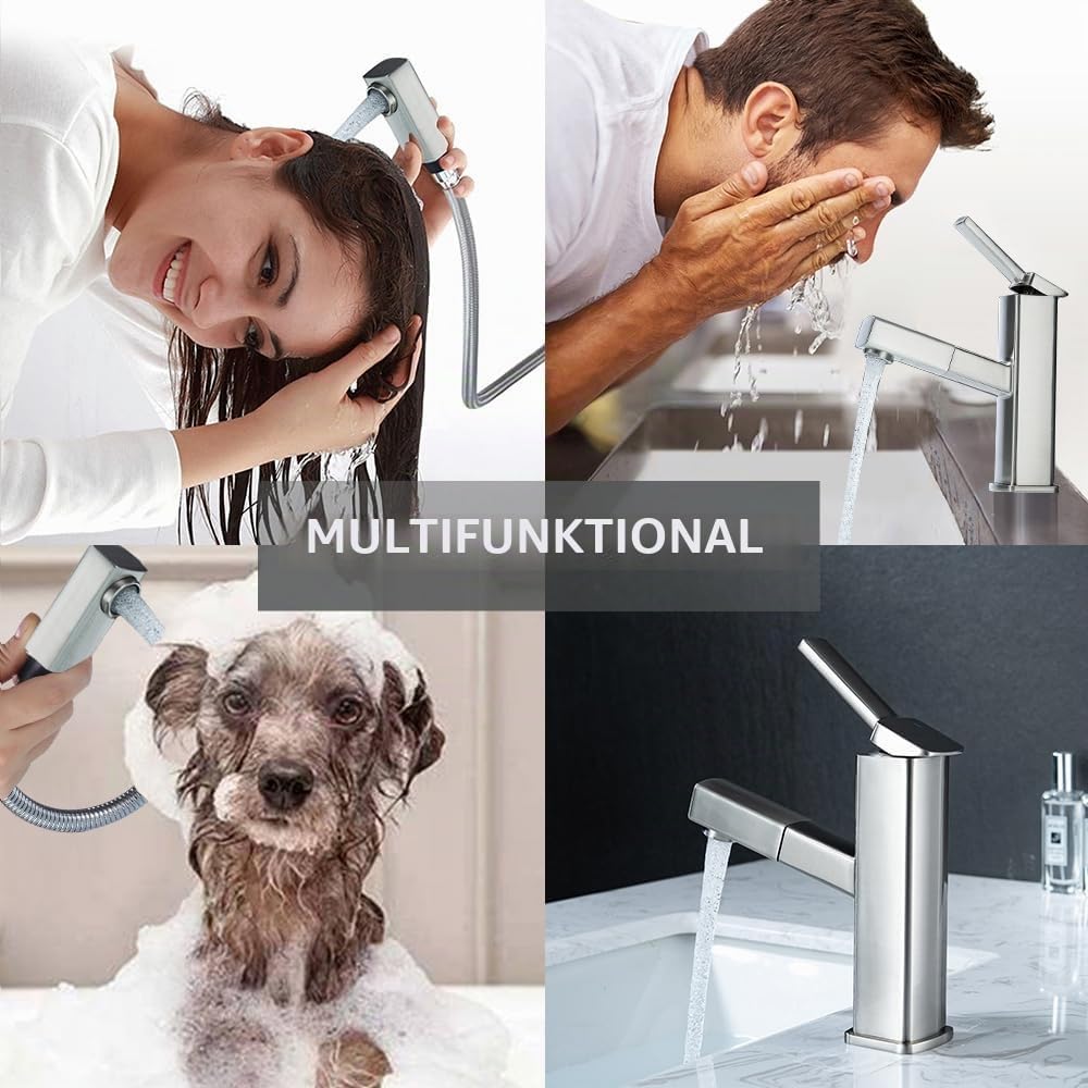 KAIYING Waschtischarmatur mit Herausziehbarer Spritze, Mischbatterie Waschbecken für Heisses und Kal