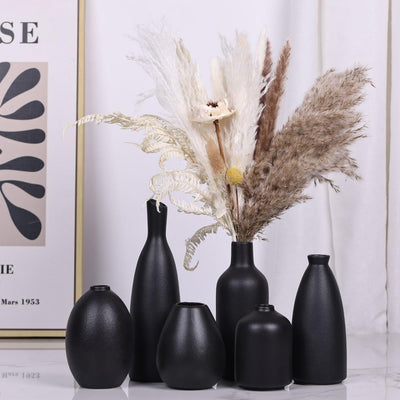 Schwarze Keramik Knospen Vasen Set von 6, Bauernhaus Dekor, Kamindekor, Kaminsims & Regal Dekor, Hei
