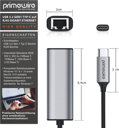 CSL - USB 3.2 Netzwerkadapter 2500 Mbps - USB C auf RJ45 Buchse - Gigabit Ethernet LAN Adapter – bis