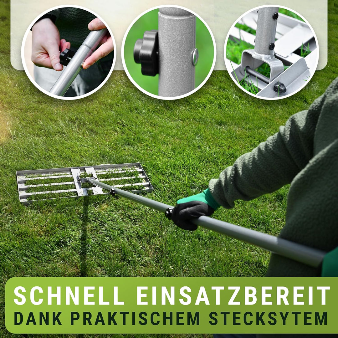 [80x30cm] Rasen Rakel mit extra langem Stiel [2 Meter] Inkl. Gartenhandschuhe - Handlicher Rasen Niv