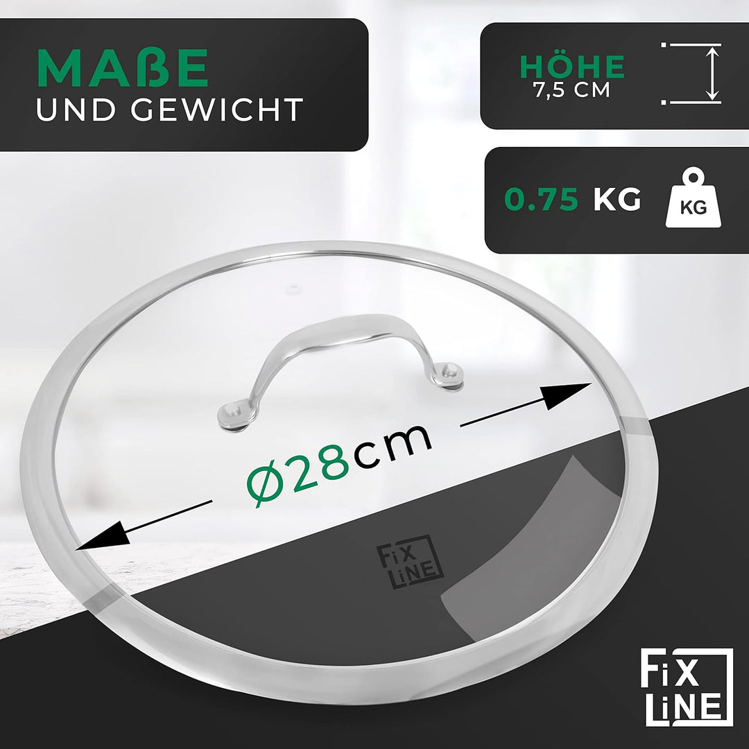 FIXLINE® Glasdeckel 28cm – Universal Topfdeckel aus gehärtetem Glas mit Dampfauslass & Edelstahlrand