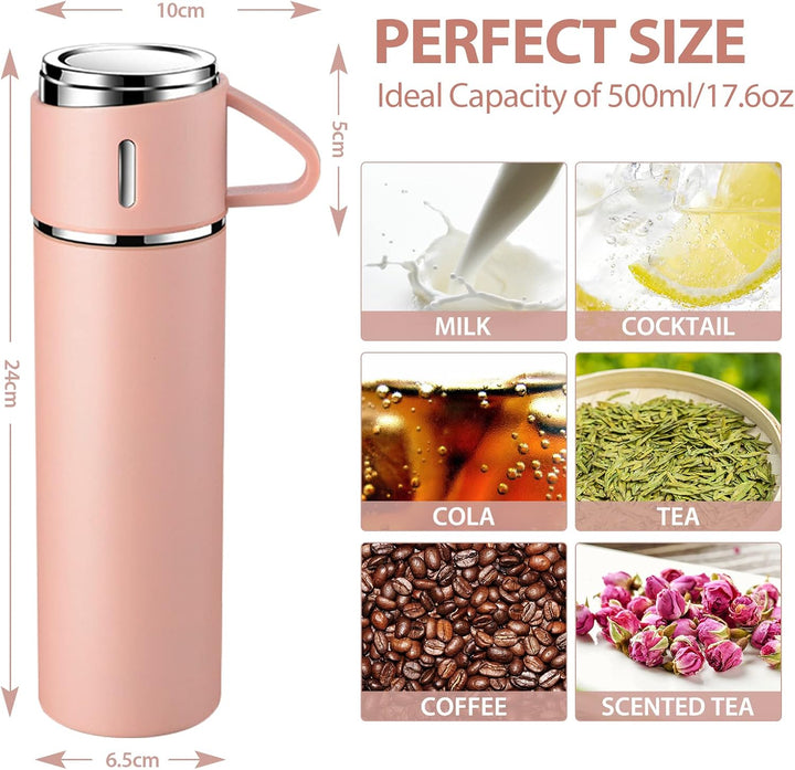 Thermosflasche 500ml mit Becher, Thermoskanne Kaffee Hält 12 Stunden Heiss und Kalt, Edelstahl Termo