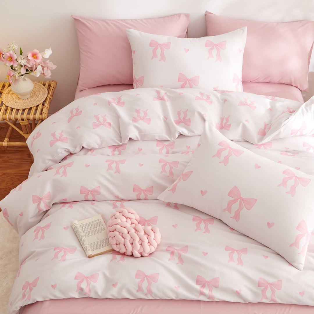 Freyamy Schleife Bettwäsche 135x200cm 2teilig Beige Rosa Schleifen Herz Mädchen Wendebettwäsche Set