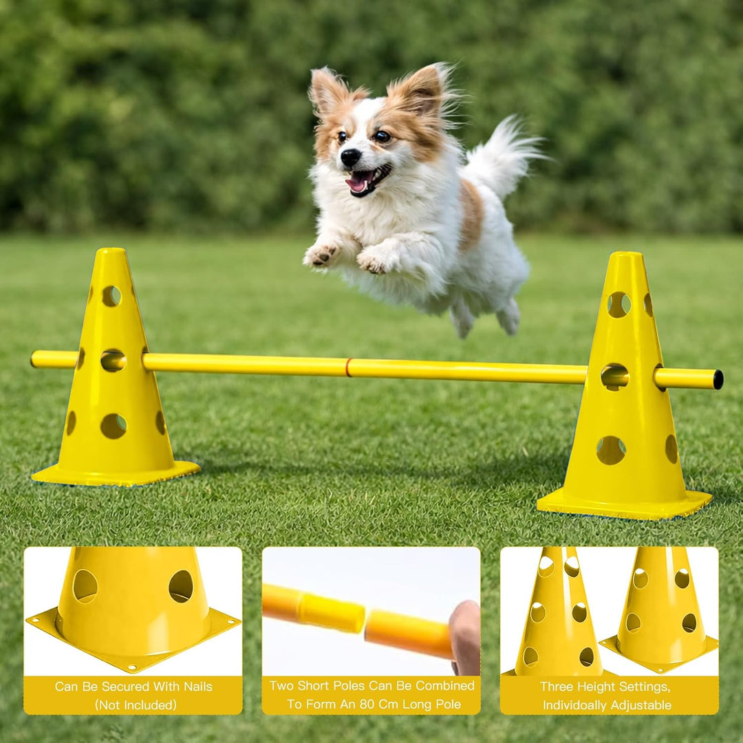 Steckhürdenset 10 Kegel + 5 Stangen, Höhenverstellbare Agility Hürden für Hundesport &amp; Fussballtrain