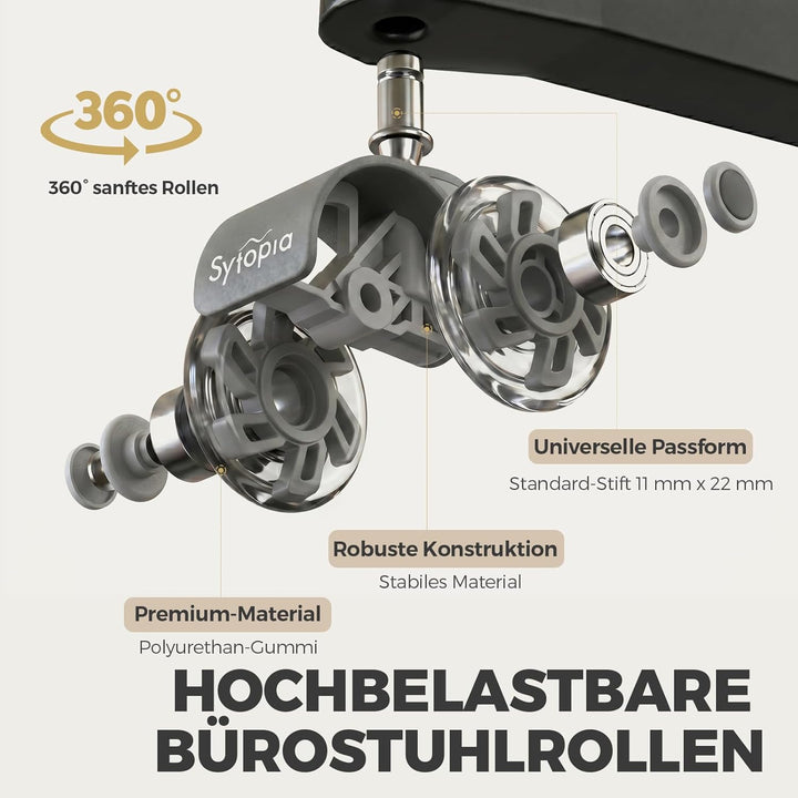 Sytopia Bürostuhl Rollen 70mm 5er Set, 11x22mm Rollen für Bürostühle, Hartboden, Parkett, Bodenschut