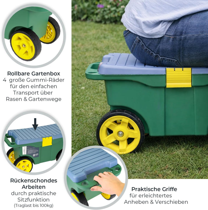 HMF 2-in-1 Gartenwagen mit Sitz und Stauraum, Gartenhocker mit grossen Rollen, Rollsitz für Gartenar