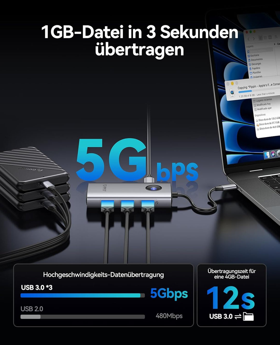 ORICO Docking Station, 6 in 1 USB C Hub Dock mit HDMI 4K@30Hz+PD100W+3×USB3.0+Ethernet, USB 3.0 Hub