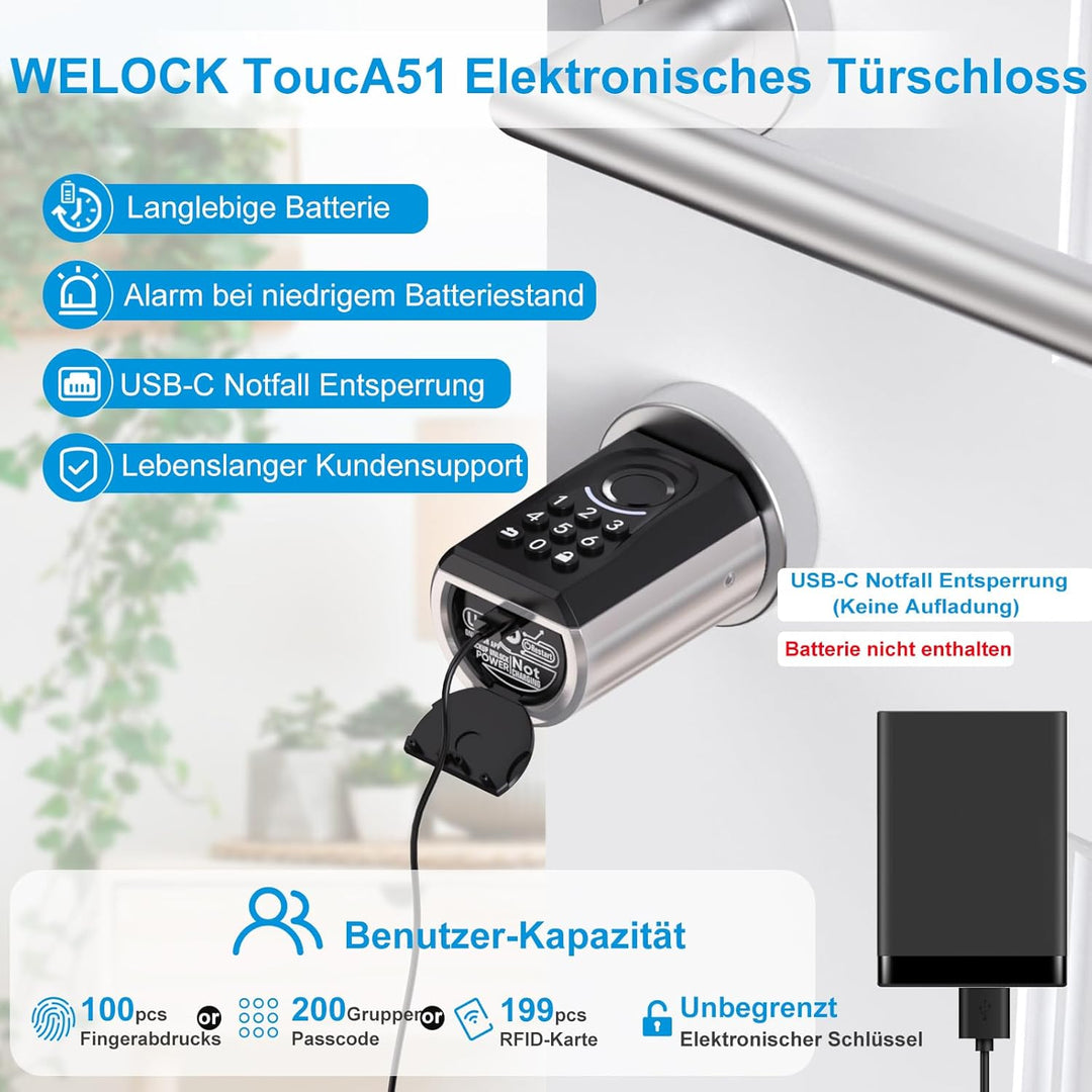 WELOCK ToucA51 Türschloss Fingerabdruck, Passcode Fingerabdruck Schloss Haustür, mit RFID-Karte App,