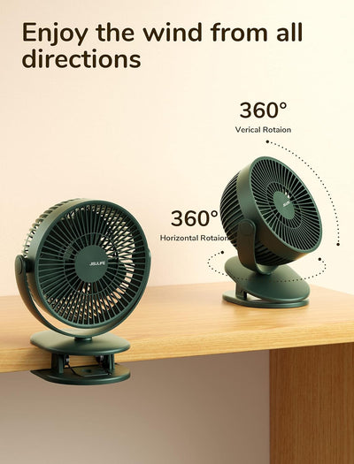 JISULIFE Mini USB Ventilator, Clip Akku Tischventilator Sehr Leise Klein mit 4000mAh Batterie, 4 Ges