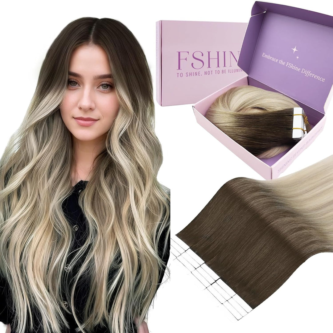 Fshine Invisible Tape in Extensions Echthaar 35cm 50g 20 Stücke Echthaar Extensions Tape in Dunkelbr