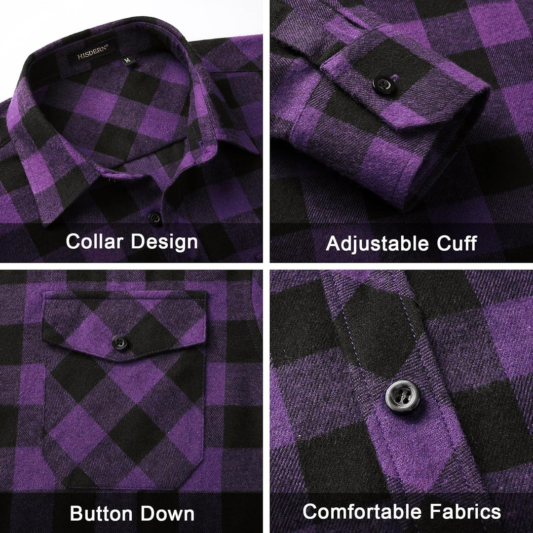 HISDERN Flanellhemd Herren Karierte Hemden Herren Langarm Button Down Baumwolle Holzfällerhemd Regul