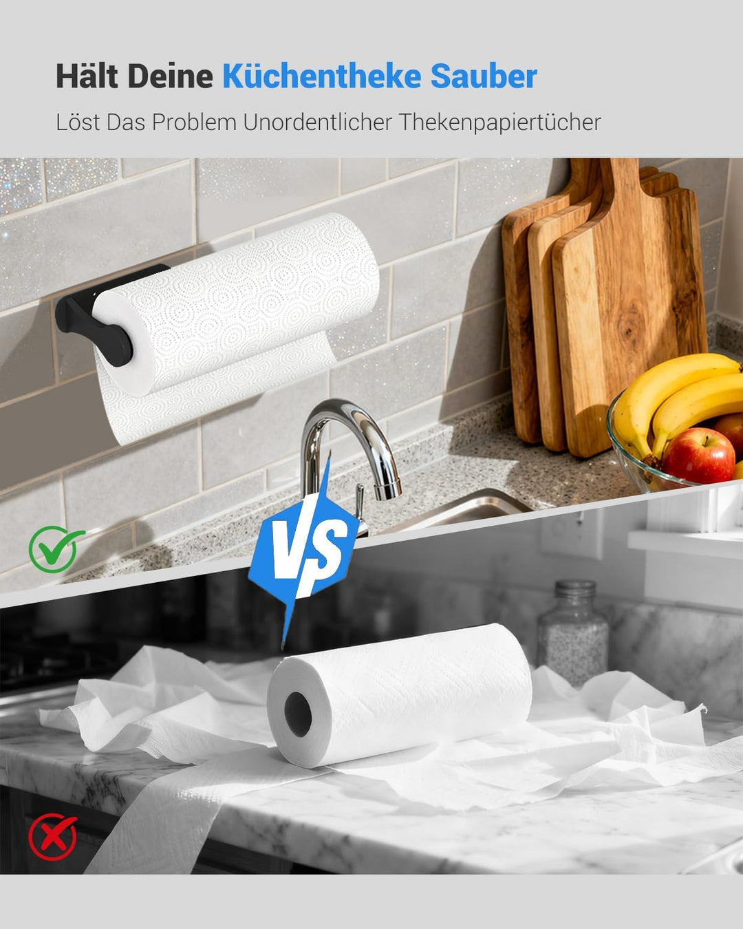 Swaitee Küchenrollenhalter ohne Bohren, Einhandbedienung Küchenrollenhalter Schwarz mit Dämpfungseff