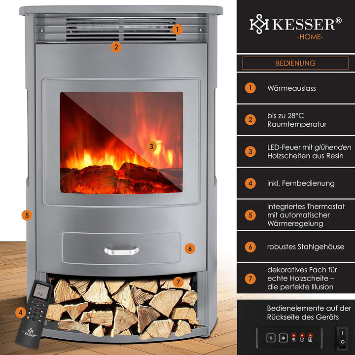 KESSER® Prio Elektrokamin mit Heizung Heizlüfter Fernbedienung WiFi App 950/1900 W Kamin elektrisch