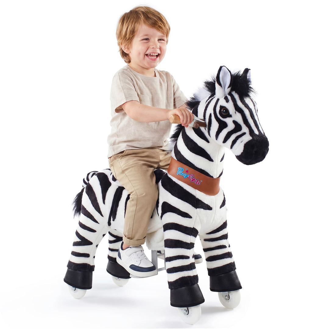 PonyCycle Zebra Reitpferd, für Kinder 3–4 Jahre, 76cm Hoch, Zebra Pferd auf Rollen mit Handbremse, P