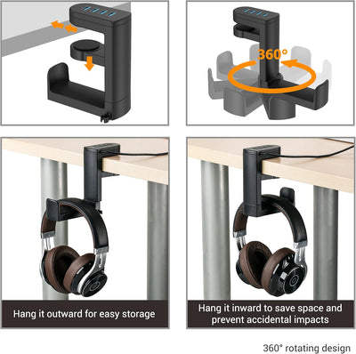 KIWIFOTOS Kopfhörerständer mit USB-Hub, Untertisch-Headset-Aufhänger mit 4 USB-Anschlüssen (1 USB 3.