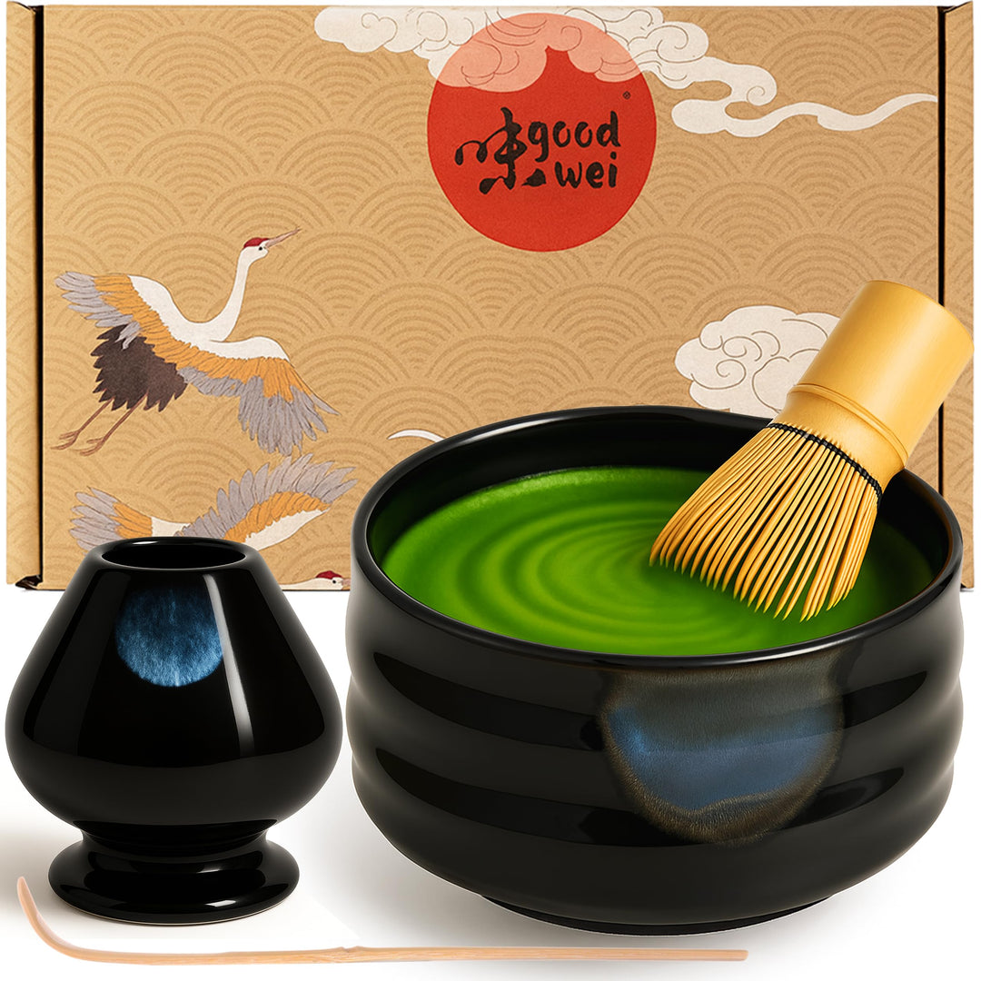 Goodwei Matcha Set komplett mit Matchabesen, Matcha Löffel und Matcha Schale aus Keramik mit Besenha