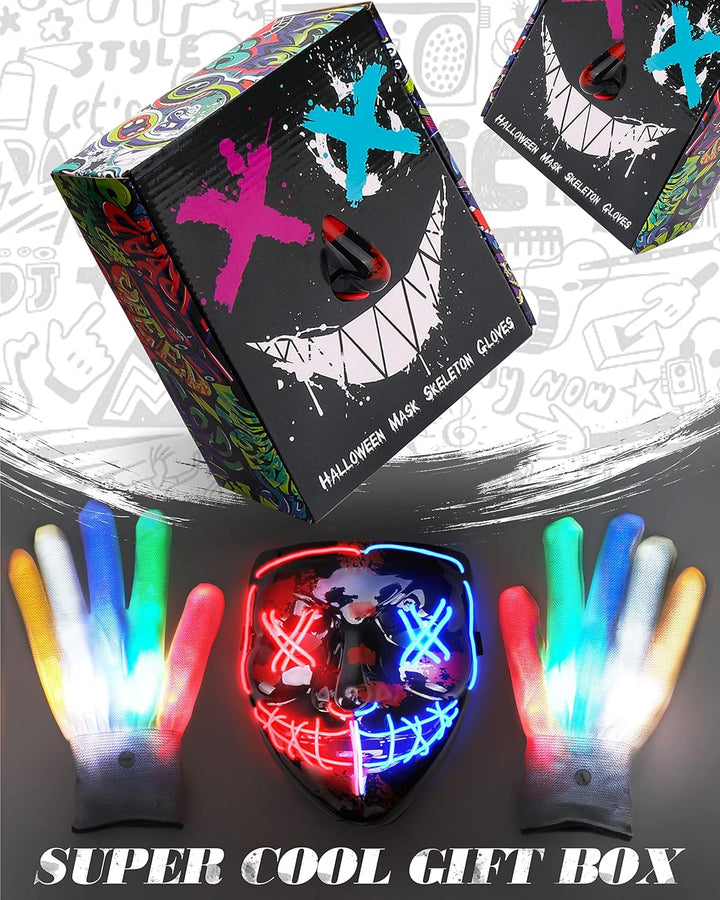 Colplay Halloween Maske LED Maske Leuchtende Handschuhe-Set, Mehrere Leuchtmodi The Maske Kostüm, Ha