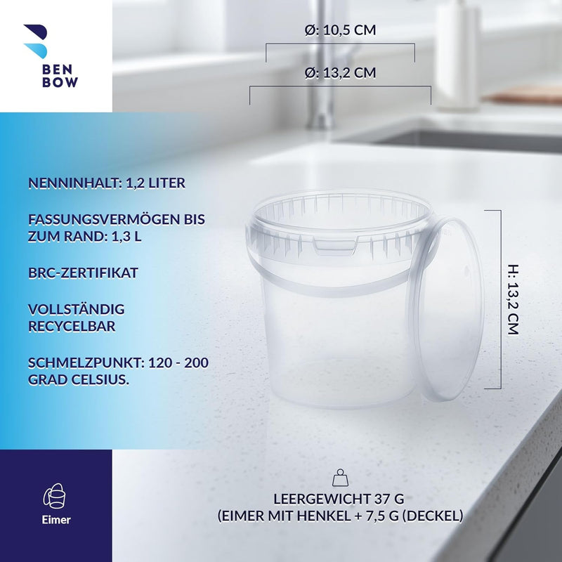 Eimer mit Deckel 100x 1l transparent - lebensmittelecht, stabil, luftdicht - Plastikeimer mit Henkel