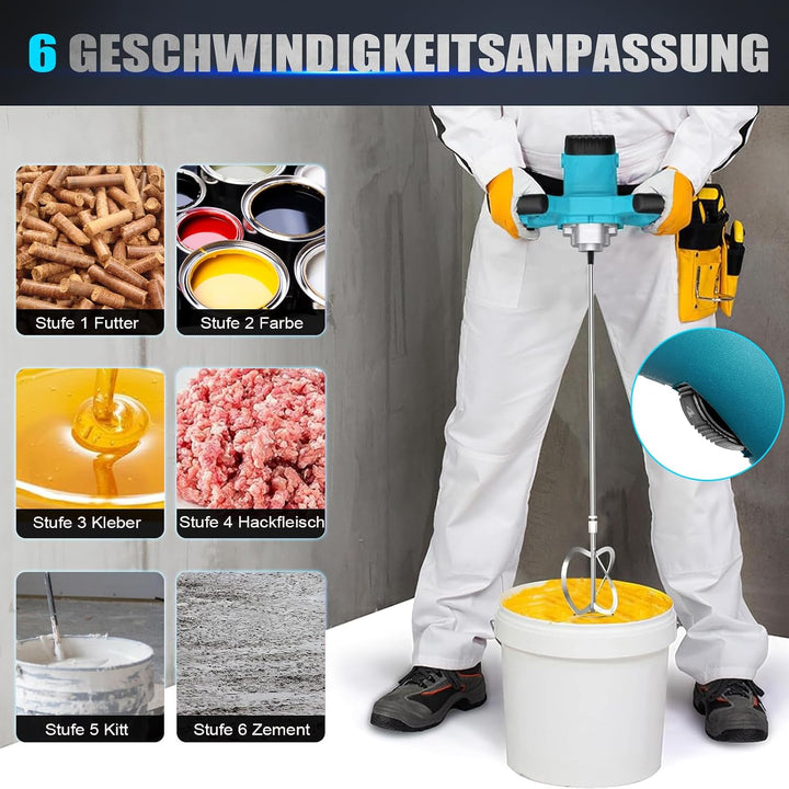 Mörtelrührer 1800W Profi Rührwerk, Farbrührer, Betonmischer mit 6-Stufen Drehzahlregelung (0-1500 U/