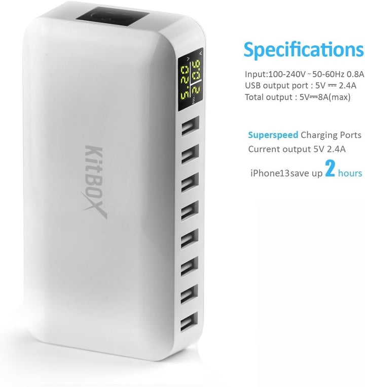 USB Ladegerät Mehrfach mit Display LED 40W USB Multi Ladegerät mit Stecker USB Ladeleiste Power Lade