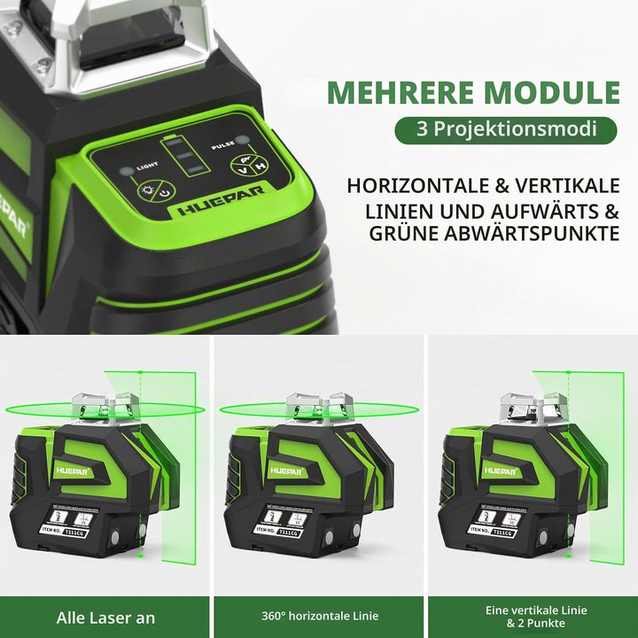 Huepar Selbstnivellierender Grüner Lasernivellier Kreuzlinien mit 2 Lotpunkten Laserwerkzeug - 360 °