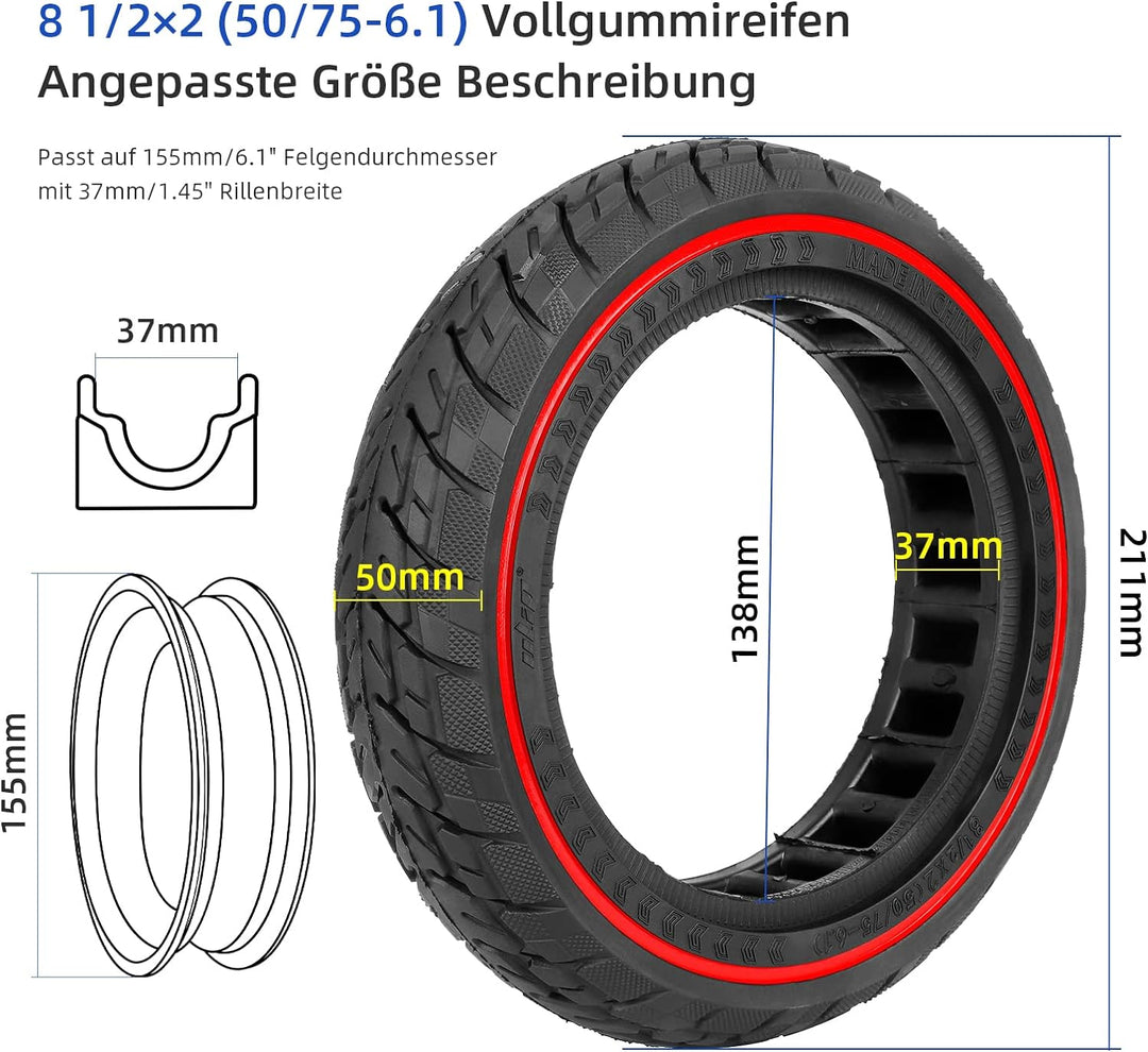 ulip 50/75-6.1 Solid Scooter Reifen 8,5 Zoll Hochelastischer Vollgummireifen e Scooter Vollreifen fü