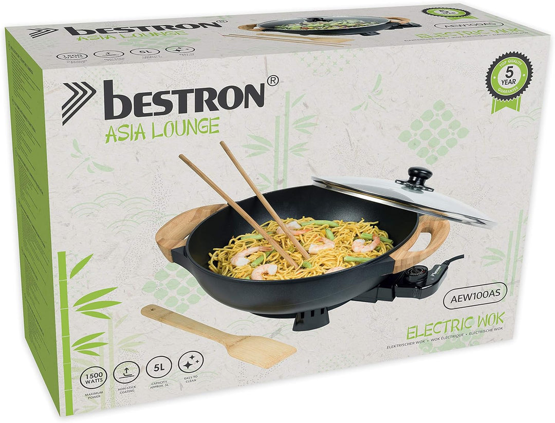 Bestron AEW100AS Elektrischer Wok mit Bambusgriffen, XL-Wokpfanne mit Glasdeckel im Asia Design, Ink