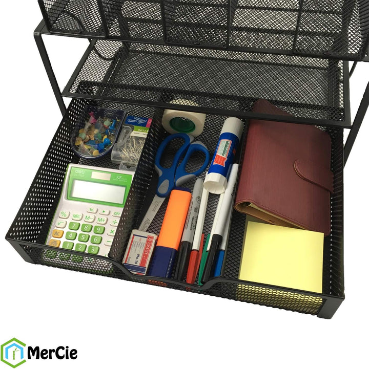 Schreibtisch-Organizer aus schwarzem Metallgewebe. ROBUSTER Organizer mit rutschfesten + kratzfesten
