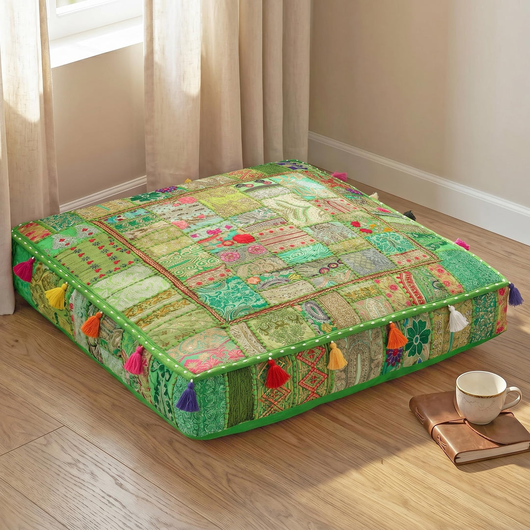 THE ART BOX 88 x 88 x 12 cm, Vintage-Patchwork, grosses Outdoor-Kissen, grosses Hundebett, Gartendek