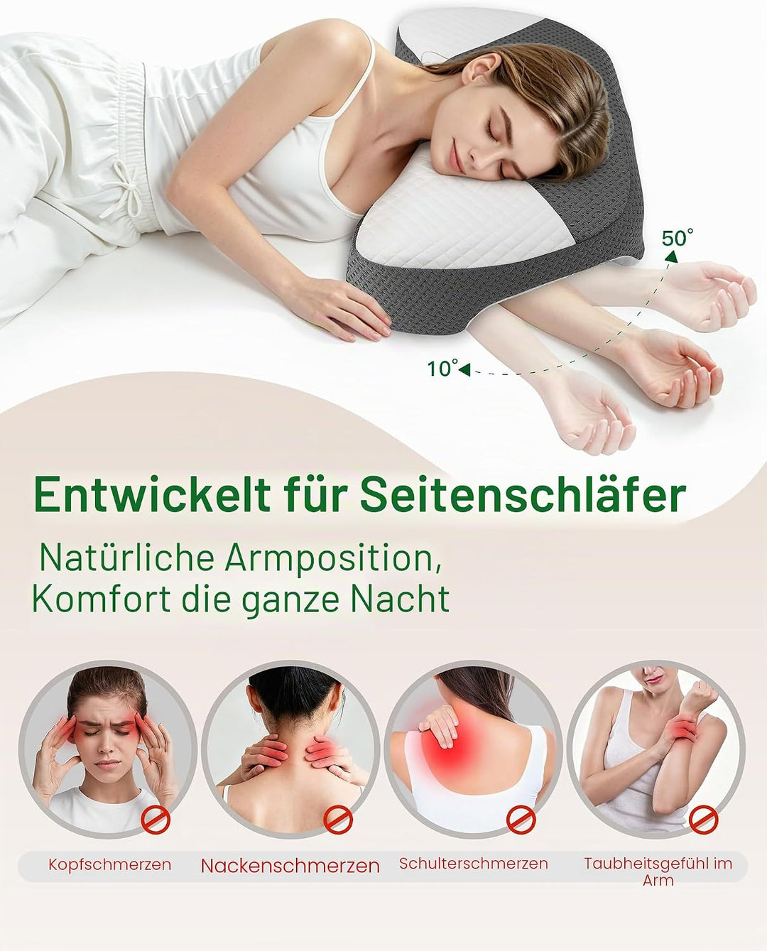 Seitenschläferkissen mit Armloch, Memory Foam, 55/38x35.5x15cm | Nackenkissen Ergonomisches Kopfkiss