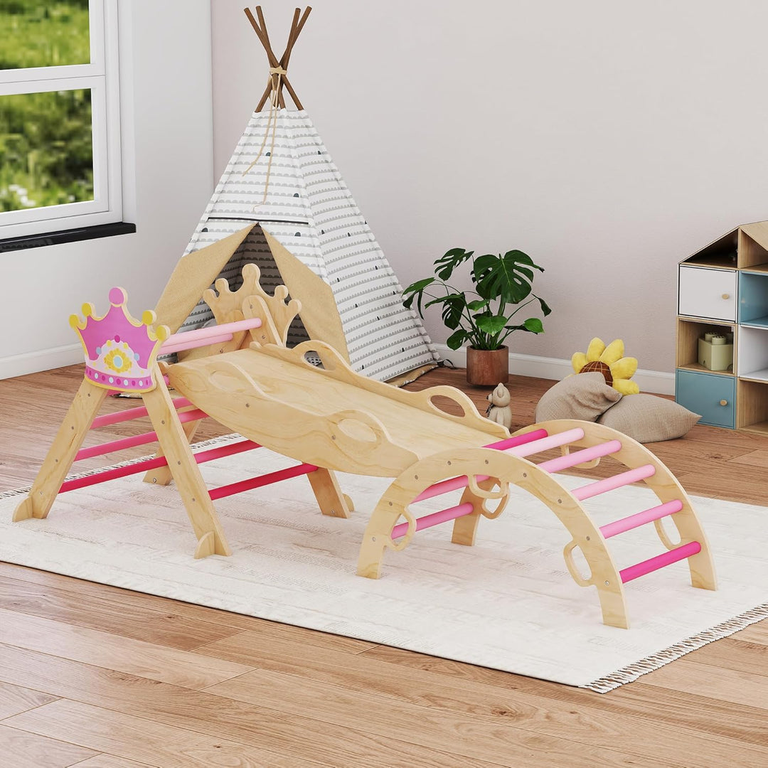 AIYAPLAY 8-in-1 Montessori Klettergerüst Indoor Holz Kletterdreieck mit Kletterbogen, Rutsche, Krone