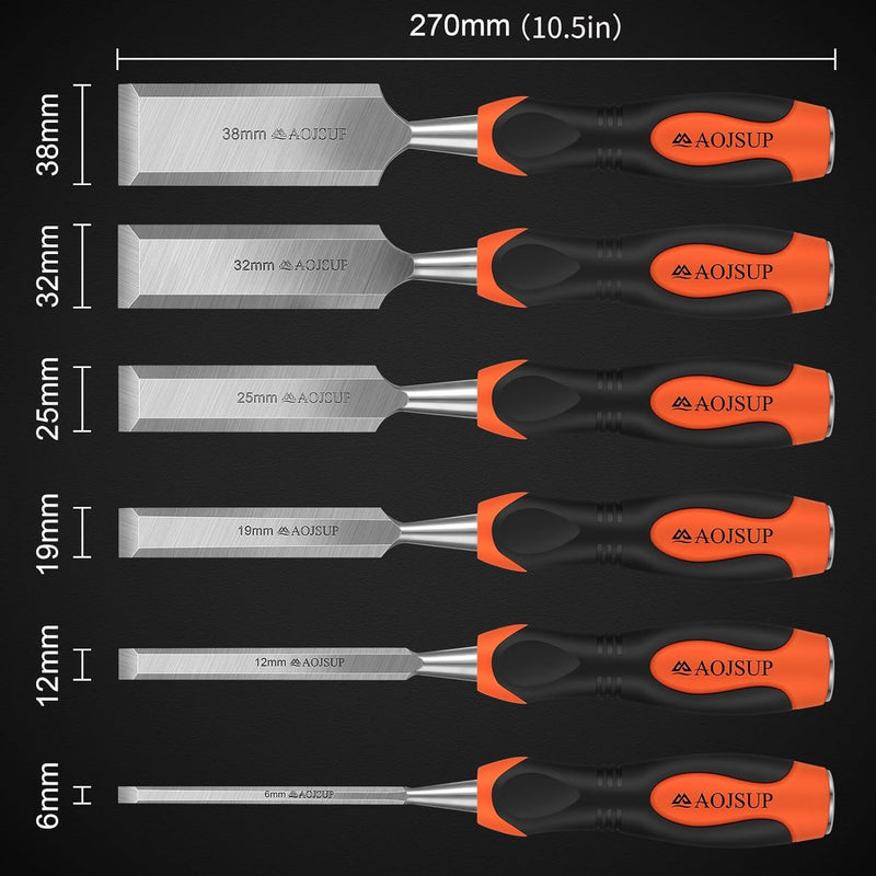 AojSup Stechbeitel Set für Holz 6tlg. inkl. Scharfes Stecheisen Set (6, 12, 19, 25, 32, 38mm) und Sc