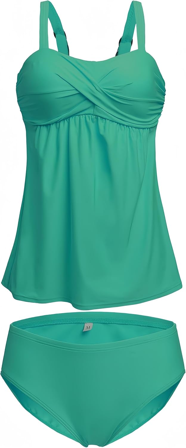 Ocean Plus Damen Eleganter Figurumspielender Tankini mit Slip Bauchweg Bügellos Unifarben Zweiteilig