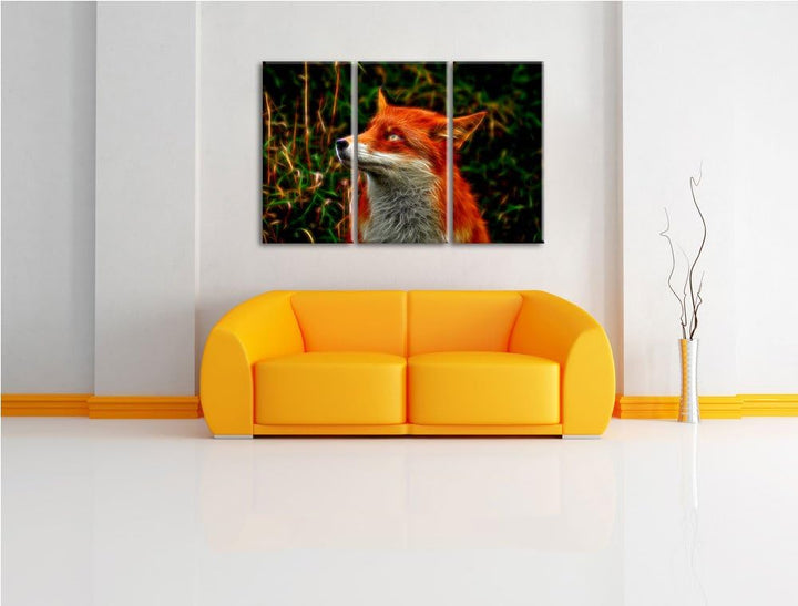 Süsser Fuchs im Wald 3 Teilig, Gesamtgrösse 120x80 cm auf Leinwand, XXL riesige Bilder fertig gerahm