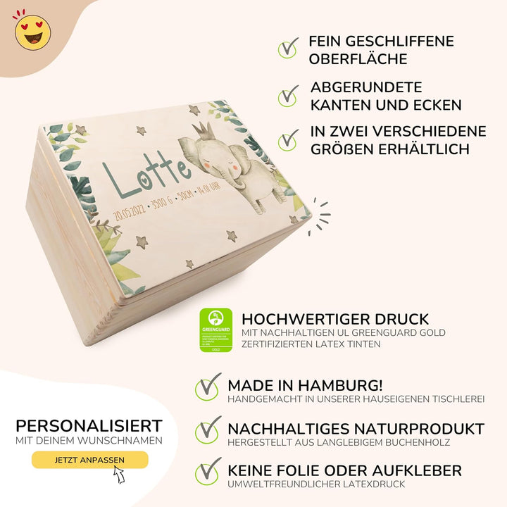 KIDSMOOD - Erinnerungsbox Baby, personalisierte Holzkiste mit Deckel, Ideal zur Aufbewahrung von Eri
