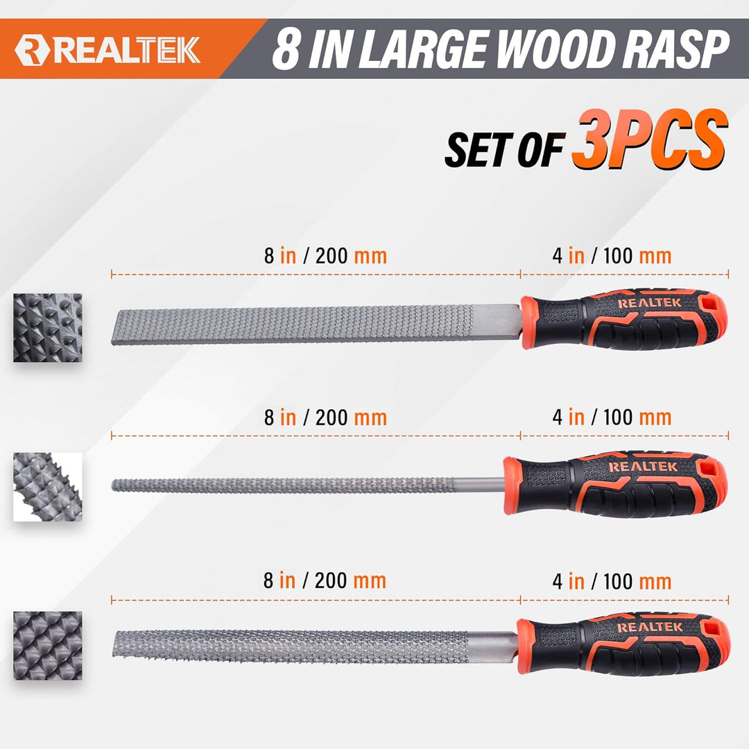 REALTEK Holzraspel Set 3tlg. inkl. Flachfeile Halbrundfeile Rundfeile, Klinge 200mm lang, Holzfeilen