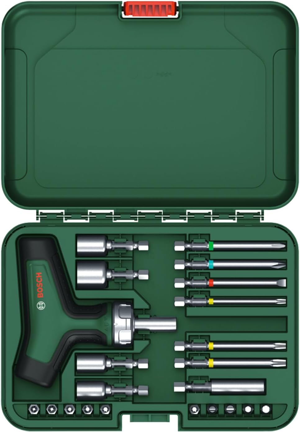 Bosch Bit-Ratschenschraubendreher T-Griff Set, 22-tlg. (max. Drehmoment 46 Nm; Getriebe mit 36 Zähne