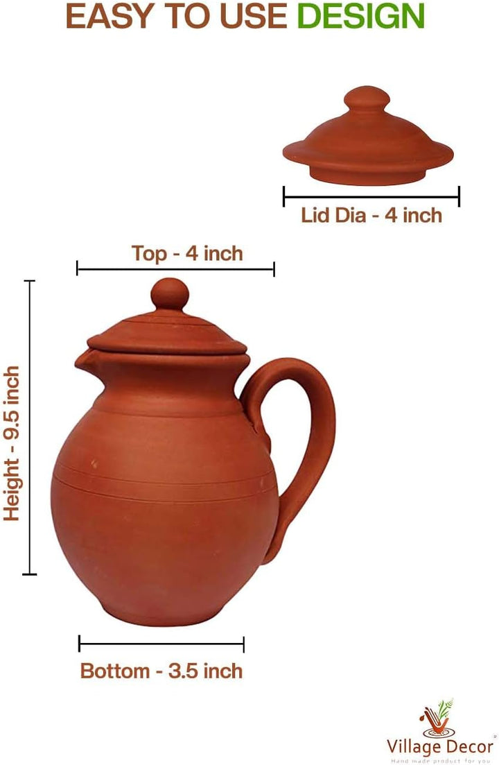Village Decor Handgefertigter irdener Lehm-Wasserkrug mit Deckel | Tonkrug 100 oz 3000 ml