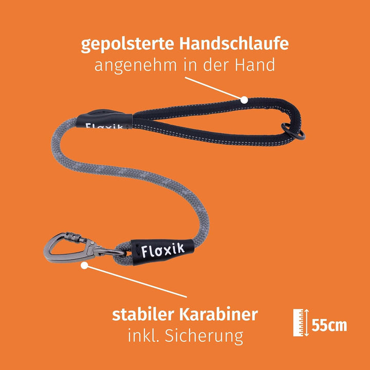 Floxik Schleppleine für Hunde | 5m, 10m, 15m, 20m grau | reflektierende Tauleine mit Abnehmbarer Han