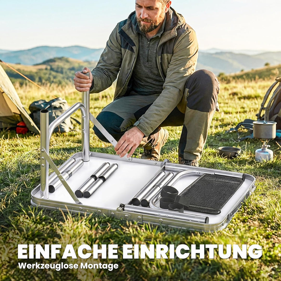 Outsunny Campingtisch Klapptisch mit Netzfach, 4 Höhenverstellungen, Tragegriff Gartentisch aus Alum