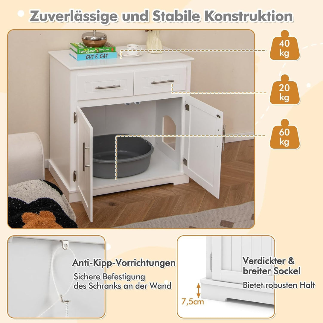 COSTWAY Katzenschrank für Katzentoilette, Katzenklo Schrank mit 2 Schubladen, 2 Türen & Eingang, Kat