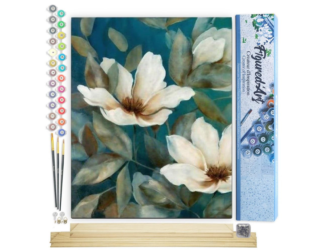 Figured'Art Malen Nach Zahlen Erwachsene Mit Rahmen Dunkelweisse Blumen - Paint by Numbers Basteln D
