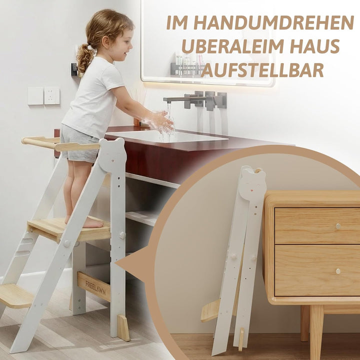 Lernturm Klappbar & 3-Fach Höhenverstellbar - Kippsicherer Learning Tower aus Kiefernholz - Mitwachs