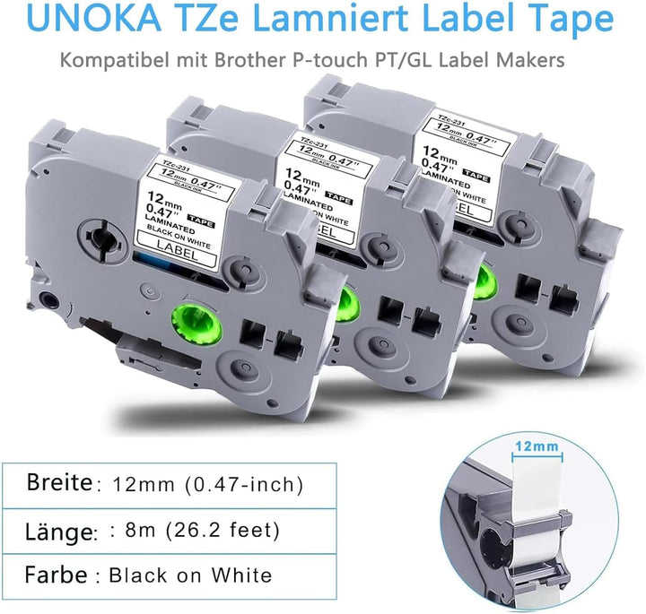UNOKA 6 X Kompatibel für Brother TZe-231 TZe231 Beschriftungsgerät Bänder 12mm 0.47 Laminated White