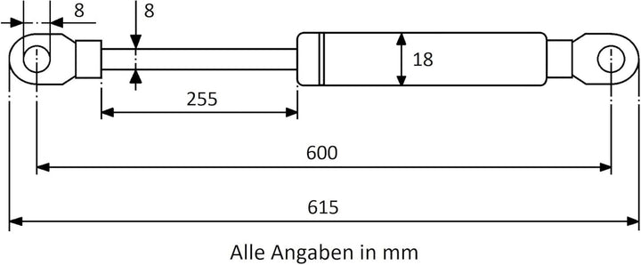 Secuplan Gasdruckfeder 600 mm, 255 mm Hub, 200 N, Ø 8/6 mm, abnehmb. Augen Gasdruckdämpfer, Gasfeder