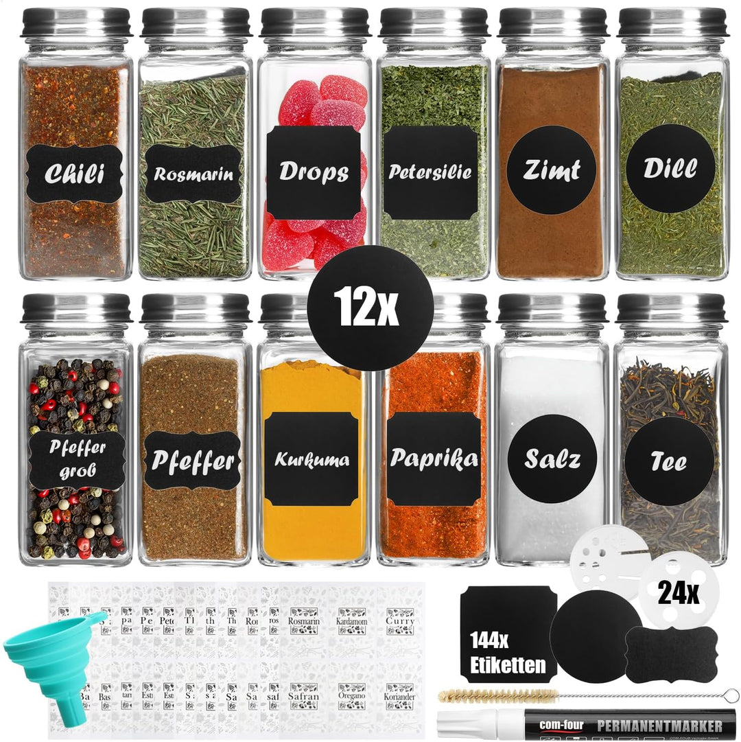 com-four® Gewürzgläser Set [ Eckig - 12x | 120ml ] mit Gewürzetiketten, je 2 Streueinsätze, Stift zu