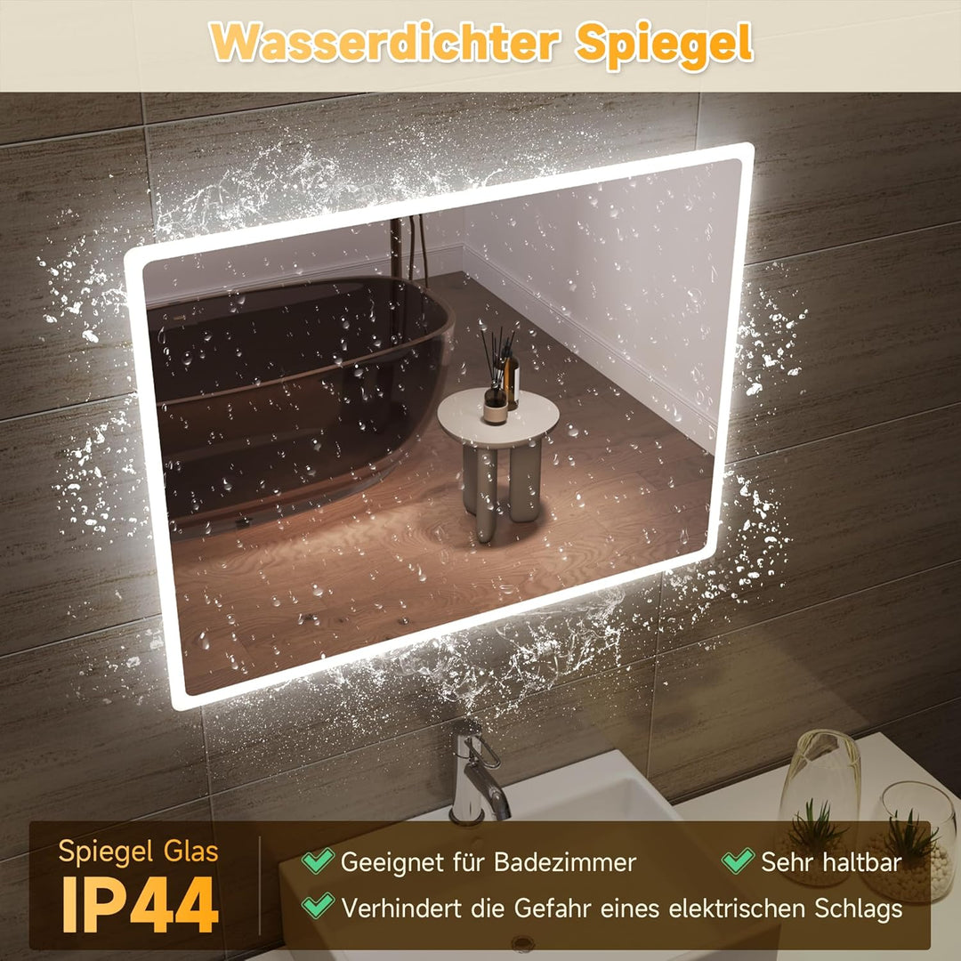 SONNI Badspiegel mit Beleuchtung 80x60 cm Wandspiegel Spiegel mit Beleuchtung Badezimmerspiegel kalt