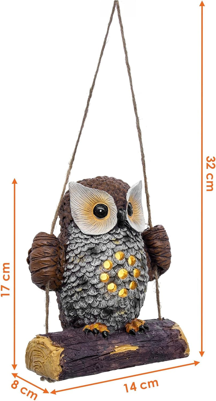 Spetebo Solar Gartenfigur Eule auf Schaukel zum Hängen - 17 x 14 cm - Eulenfigur warm weiss beleucht