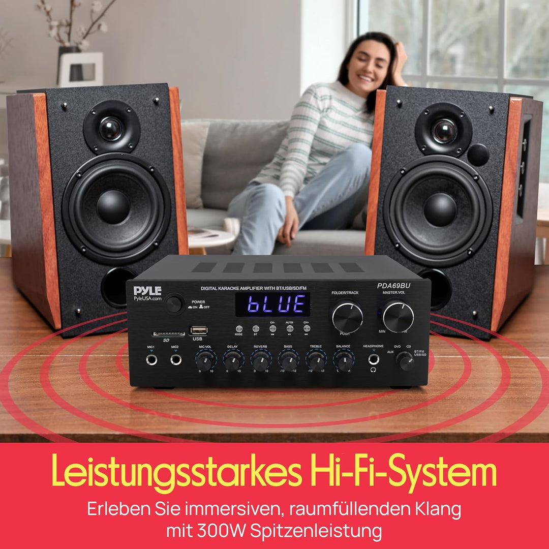 Pyle HiFi- Verstärker, 200W – 2.0 Kanal Audio Receiver mit USB/SD/FM und Mikrofon Eingang, Kabellose