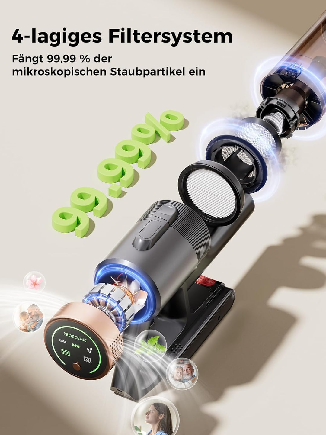 Proscenic P11 Ultra Staubsauger Kabellos, Leichter Selbststehend 50 Kpa 50 Min Akku Staubsauger mit